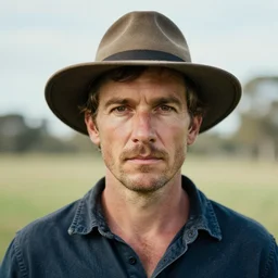 character portrait of australian man wearing a hat and looking directly at the camera by james gilleard