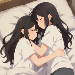 digital anime art, two girls cuddling together on bed