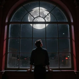 a realistic detail of A man leaned against a large domed window, the moon cast on the man, the man looked up,  shining star, by Wolp, Sparth, Mark Brooks, Brad Kunkle, Vincent di fate, Paul-chadeisson, Dylan Cole, Jin Kim,Denis Villeneuve, Ben Nicholas, Anton Fadeev, thomas kinkade, rutkowski, Finnian MacManus, Syd Mead, Tsutomu Kitazawa,  black and red scheme, 8k, Unreal Engine 5