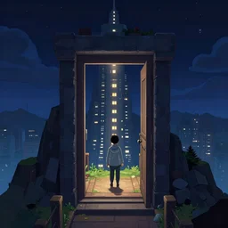 door entrance to a skyscraper at the top of a mountain, night, game environment in the style of ori game