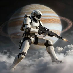 mec trooper from xcom fighting in the clouds of jupiter, by cedric peyravernay, highly detailed, excellent composition, cinematic concept art, dramatic lighting, trending on artstation