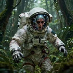 view of a future cosmonaut with helmet having cybernetics and wirings exploring a jungle, tense situation, feeling of horror, trending on artstation, art by rossdraws and greg rutkowski, global illumination