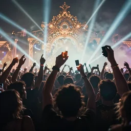 crowd partying with their hands up at a festival, lighters, cellphones, haze, light beams, silhouette, digital art, trending on artstation, 4k, unreal engine, intricate, ornate