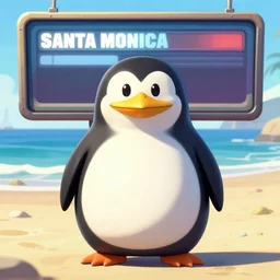 anthropomorphic fat penguin, GTA 5 loading screen, Santa Monica Beach, concept art, trending in artstation, artstationHD, artstationHQ