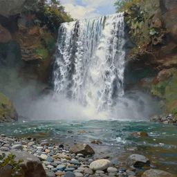 a waterfall cascading onto a pebble beach, extremely detailed oil painting, unreal 5 render, rhads, sargent and leyendecker, savrasov levitan polenov, bruce pennington, studio ghibli, tim hildebrandt, digital art, landscape painting, octane render, beautiful composition, trending on artstation, award winning photograph, masterpiece