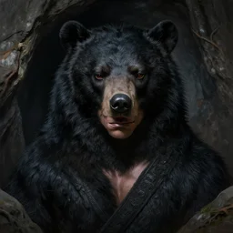 male warrior is blessed by the black bear god, inside a cave, highly detailed, detailed face, smooth, sharp focus, chiaroscuro, digital painting, artgerm, greg rutkowski, alphonse mucha, octane