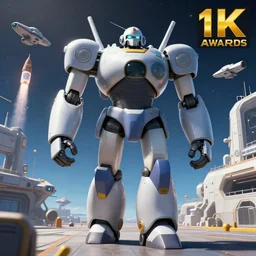 a high resolution 8 k award winning photo of a giant anime robot with rounded and circular parts walking towards a spaceship, in the background is a spaceport with spaceships taking off and landing