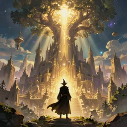 a magical wizard in front of a big and mystical of a big and structured fantasy kingdom city, god rays, giant tree, portal to outer space Maxfield Parrish, digital art 8k, trending on artstation, anime, unreal engine