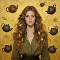 epic painting drawing, full figure portrait of beautiful supermodel wearing olive blouse, long wavy hair with golden tea leaf, floating teapots, photography by amy leibowitz, wlop, jeremy lipkin, beeple, intricate, symmetrical front portrait, artgerm, golden glowing background