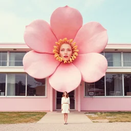 giant flower head, frontal, woman standing in mid century building, surreal, symmetry, bright, tone in tone, cinematic, wes anderson