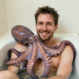 photo of a smiling man in the bath tub looking at the viewer embarrassed because he was caught, there's a real giant octopus hugging his chest, highly detailed, facial accuracy, 4 k