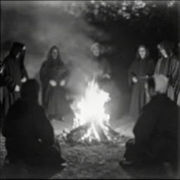Early black and white photograph of robed people around a bonfire, creepy, faded, very blurry, 8mm