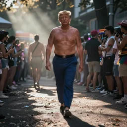 Shirtless trump walking around at gaypride