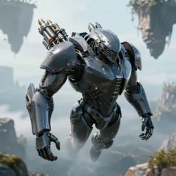 floating enigmatic creature wearing military grade low-poly carbon plate, water-cooled armor, glistening, sleek finish, dual-core hydraulic units, bullet-proof, floating island backdrop, 4k, high quality photo, 33mm