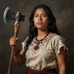 Powerful Mestizo Woman Warrior with Axe and torn clothing