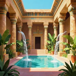 interior of a ancient egyptian palace with plants and waterfalls, retrowave art, trending on art station - 1 0