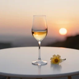 5 5 mm photo of thin glass of gold wine with flower on a zen minimalist round white table with marmalade sunset in the background. highly detailed 8 k. intricate. lifelike. soft light,