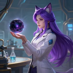league of legends concept art beautiful young female scientist with neko ears holding spherical black hole in her hand, long purple hair, futuristic laboratory background interior, table with laboratory equipment, art by charles liu, profile shot, fantasy style, soft lighting, vibrant color scheme, female portrait, ultra detailed, volumetric lighting, octane render, commission art, 8 k wallpaper