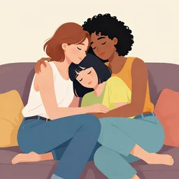 beautiful colorful portrait of a mixed race lesbian couple cuddling on the sofa, 2 8 4, romantic, highly detailed, smooth, stylized, surrealist, medium shot, vector line art, clean cel shaded vector art, by lois van baarle, ross tron, artgerm, helen huang, makoto shinkai, ilya kuvshinov, rossdraws