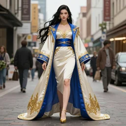 portrait of a beautiful jabami yumeko, powerful leader, luxurious street clothing, ivory and gold and royal blue accents, extremely detailed, sharp focus, wide view, full body shot, smooth, digital illustration, by milo manara gi, j. c. leyendecker, ilya kuvshinov, karol bak