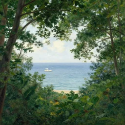 wide view of the ocean through the leaves of a lush forest, soothingly beautiful, by henri rousseau