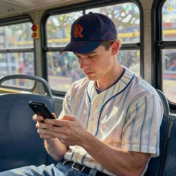guy with baseball hat and striped shirt siting in a bus and looking at his smartphone by monet