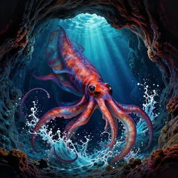 deep cave giant squid splash art graphic design color splash high contrasting art, fantasy, highly detailed, art by greg rutkowski