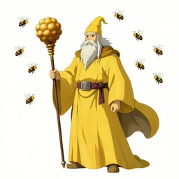 wizard with swarm of bees, dungeons and dragons, pathfinder, roleplaying game art, yellow robes, hive staff, concept art, character design on white background, by studio ghibli, makoto shinkai, kim jung giu, poster art, game art