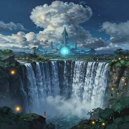 a vast ancient waterfall planet with fireflies and futuristic glowing temple stargate portal at night and lots of cummulonimbus clouds by makoto shinkai, moebius!, oliver vernon, joseph moncada, damon soule, manabu ikeda, kyle hotz, dan mumford, by kilian eng