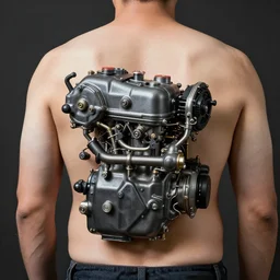 a man with engines growing out of his back, the skin surrounds it and holds it in, diesel engine, gasoline engine, combustion engine