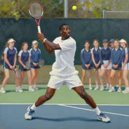 ray lewis, ray lewis playing tennis with high school girls, high school girls, oil on canvas