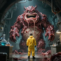 a giant drippy meat monster grows out of control in a creepy bunker science lab asa single man in a yellow hazmat suit looks on helplessly