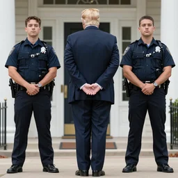 Donald Trump with hands behind back taken away by two young FBI agents wearing uniforms at golf course, photo by Alex Webb, photo by James Nachtwey