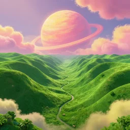 green valley under treasure planet pink and yellow clouds beautiful lighting vivid colors intricate elegant smooth sharp focus highly detail