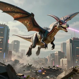 a teradactyl dinosaur shooting lasers from is eyes flying over a destroyed city cyberpunk, fantasy, 4 k, octane render