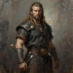a full body fantasy portrait oil painting illustration of a single rugged stoic barbarian man by Justin Sweet with face and body clearly visible, visible pupils, d&d, rpg, forgotten realms, artstation trending, high quality, sombre mood, artstation trending, muted colours, no crop, entire character!,