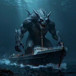 monster looks like a ship in the deep dark sea, thalassophobia, realistic, highly detailed