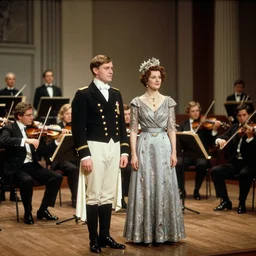 an image of a archduke and queen attending a evening gala performance by the national arts centre orchestra in a medium full shot, vintage historical fantasy 1 9 3 0 s kodachrome slide russian and japanese mix.