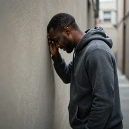 a ultra high resolution photo a black man, 4 0 years old, standing in a huddie. he is standing with his head pressed on the wall in a narrow alleyway. he is crying. right profile photo. the light is dim, and the colours are muted
