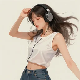 a realism illustration of a beautiful woman with headphones dancing by bayard wu