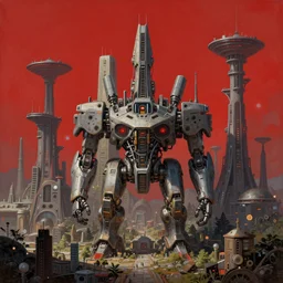 ultra realist intricate detailed landscape painting of an alien world, red sky with mech buildings and cyborg tech, symmetry accurate features, very intricate details, bokeh focus, 8 k render, artstyle lorenz hideyoshi ruwwe, award winning