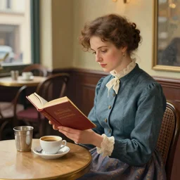 a woman reading a book in 1 9 th century caffe. highly detailed, full of colors.