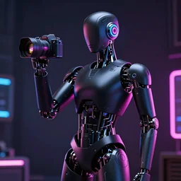 high octane 4K 3D render of a smooth simple high-tech cyberpunk male black humanoid futuristic sci-fi robot, holding a camera neon lights, metallic, in the style of Daniel Dociu, dramatic lighting, vibrant colors, Trending on Artstation HQ, 4K, UHD, High quality, Unreal Engine