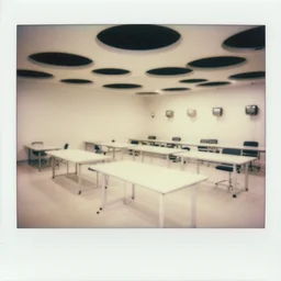 polaroid photograph of a large white empty breakroom, retrofuturist liminal space, hundreds of old tables, crt tv mounted, massive black pits in ceiling trypophobia architecture, familiar place, clean, black mold, warm light, amateur, soft vintage glow, unreal engine, photorealistic, trending on artstation