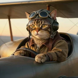 heroic cat pilot, ww 2 bi - plane wearing a vintage pilot helmet, painted by rembrandt, intricate, detailed, atmospheric lighting, golden hour.