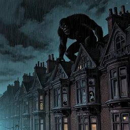 monster hiding on the roof of a building in a dark victorian street london, rain, night, surreal, comic book, low angle, concept art by stuart immonen, warren ellis, rafael albuquerque, shinji aramaki, greg rutkowksi, andrew ferez