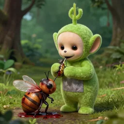 tinky winky eating alive insects, horror, creepy, teletubbies lost creepy spooky bloody episode, realistic,