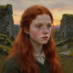 a well - lit, realistic close - up portrait painting of a thoughtful girl resembling a young, shy, redheaded irish alicia vikander or millie bobby brown in moss - covered ancient stone ruins at sunset, highly detailed, intricate, concept art, artstation, by donato giancola, ron cobb, and artgerm