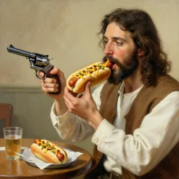Jesus eating a hotdog while reloading his revolver painting