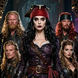 detailed ultrarealistic photography medium shot of fantasy pirate queen addams family cyberpunk postapocalyptic leyendecker, symmetric norman rockwell, ian miller, artstation cinematic, vray game of thrones, lord of the rings, star wars